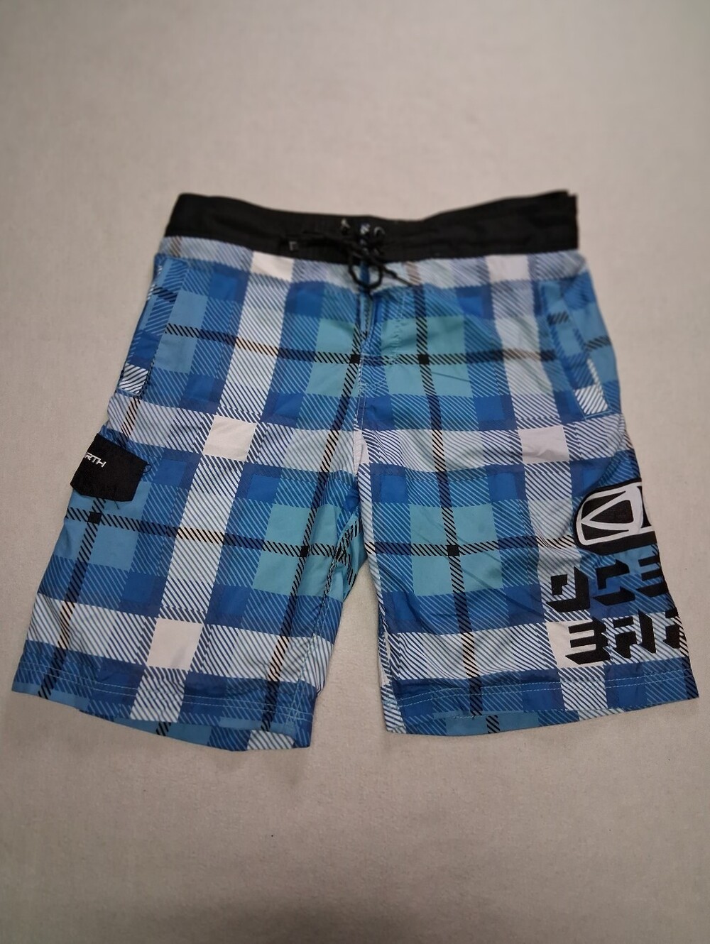 Blue Plaid Men’s Swim Board Shorts with Black Waistband